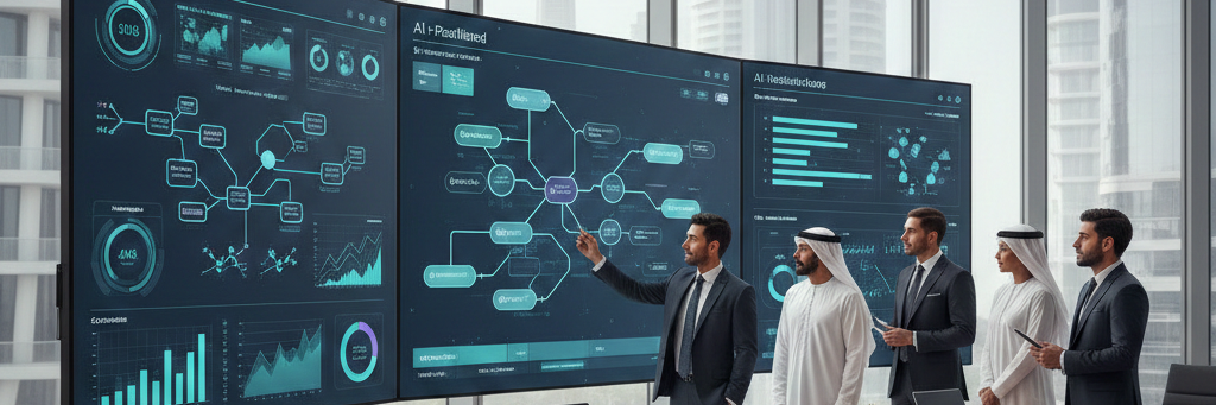 AI-powered business process automation dashboard in a modern Dubai corporate office
