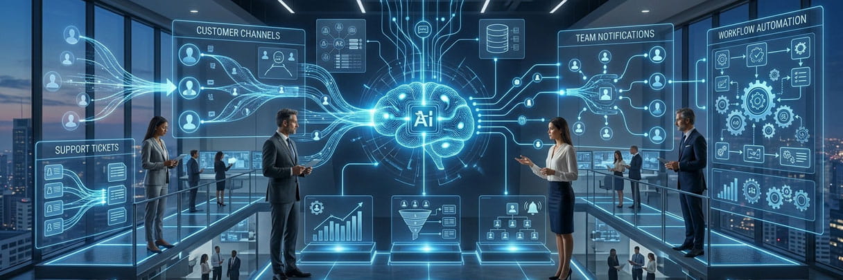 Business team reviewing an AI chatbot solution for support and lead qualification.